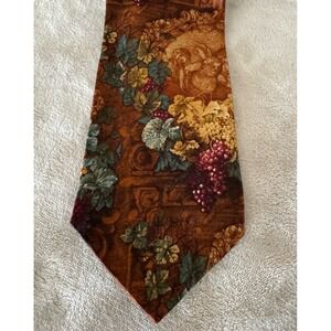 Audrey Buckner Silk Tie Brown Floral Grapes Vineyard Novelty Made in USA